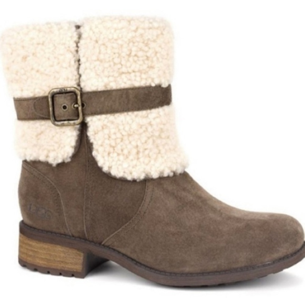 UGG Blayre II Brown Suede & Cream Shearling Cuff Heeled Boot with Buckle size 7